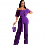 Purple Off-Shoulder Hollow-out Lace Bodycon Women Sexy Jumpsuit