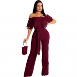 WineRed Off-Shoulder Hollow-out Lace Bodycon Women Sexy Jumpsuit
