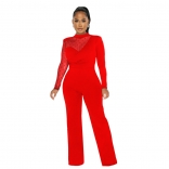 Red Long Sleeve Mesh Long Sleeve Bodycon Women Fashion Jumpsuit