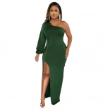 Green Autumn Diagonal Shoulder Lantern Sleeve Solid Slim Split Maxi Dress