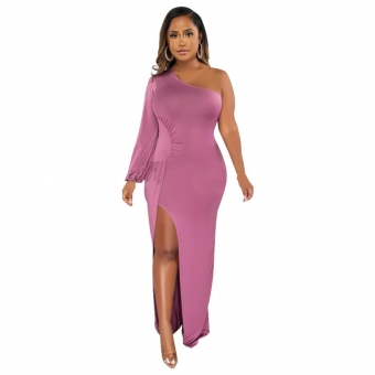 Purple Autumn Diagonal Shoulder Lantern Sleeve Solid Slim Split Maxi Dress