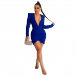 Blue Long Sleeve Deep V-Neck Pleated Bodycon Party Mini Dress