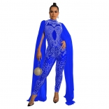 Blue Fashion Women's Rhinestone Mesh Perspective Pants Seeveless Shoulder Draped Jumpsuit