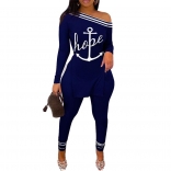 Blue Off-Shoulder Striped Printed Women Bodycon Fashion Sexy Jumpsuit
