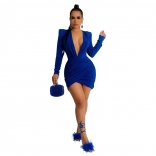 Blue Deep V-Neck Long Sleeve Velvet Silk Bodycon Sexy Mini Dress