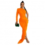 Orange One Sleeve Halter Pleated Fashion Women Evening Long Dress