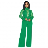Green Mesh Long Sleeve Deep V-Neck Sequin Women Fashion Jumpsuit