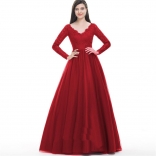 Red Lace Long Sleeve V-Neck Mesh Fashion Evening Long Dress