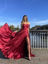 Red Off-Shoulder Sleeveless Slit Sexy Evening Party Maxi Dress