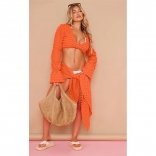 Orange Long Sleeve Deep V-Neck High Elasticity Bubble Wrap Skirtsuit