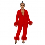 Red Long Sleeve V-Neck Button Feather Fashion Women Outfit Catsuit Dress