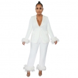White Long Sleeve V-Neck Button Feather Fashion Women Outfit Catsuit Dress