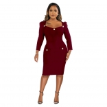 Red Long Sleeve Boat-Neck Button Bodycon Women Party Mini Dress