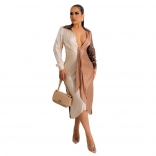 Khaki Long Sleeve Deep V-Neck Women Fashion Midi Dress