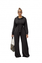 Black Pleated Casual Long Seeve Wide Leg Trousers Two-Piece Set