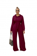 Red Pleated Casual Long Seeve Wide Leg Trousers Two-Piece Set