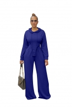 Blue Pleated Casual Long Seeve Wide Leg Trousers Two-Piece Set