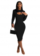 Black Long Sleeve Fashion Cotton Thickened Knitted Slim Hollow-out Bodycon Dress