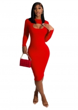 Red Long Sleeve Fashion Cotton Thickened Knitted Slim Hollow-out Bodycon Dress