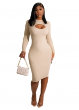 Beige Long Sleeve Fashion Cotton Thickened Knitted Slim Hollow-out Bodycon Dress