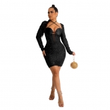 Black Sequin Long Sleeve Mesh V-Neck Slim Sexy Women Mini Dress