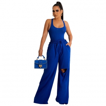 Blue Long Sleeve Low-Cut Cotton Fashion Sexy 2PCS Jumpsuit