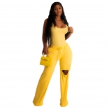 Yellow Long Sleeve Low-Cut Cotton Fashion Sexy 2PCS Jumpsuit