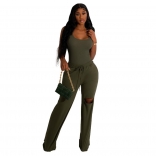Green Long Sleeve Low-Cut Cotton Fashion Sexy 2PCS Jumpsuit