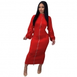 Red Long Sleeve Zipper Pleated Bodycon Sexy Midi Dress