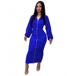 Blue Long Sleeve Zipper Pleated Bodycon Sexy Midi Dress