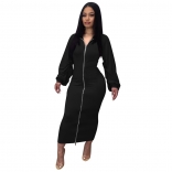 Black Long Sleeve Zipper Pleated Bodycon Sexy Midi Dress