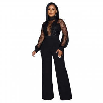 Black Mesh Sequin Long Sleeve Hollow-out Sexy Women Jumpsuit