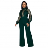Green Mesh Sequin Long Sleeve Hollow-out Sexy Women Jumpsuit