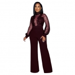 WineRed Mesh Sequin Long Sleeve Hollow-out Sexy Women Jumpsuit