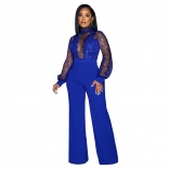 Blue Mesh Sequin Long Sleeve Hollow-out Sexy Women Jumpsuit
