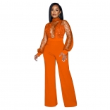 Orange Mesh Sequin Long Sleeve Hollow-out Sexy Women Jumpsuit