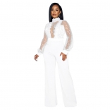 White Mesh Sequin Long Sleeve Hollow-out Sexy Women Jumpsuit