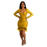 Golden Long Sleeve V-Neck Sequin Bodycon Feather Sexy Mini Dress