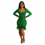 Green Long Sleeve V-Neck Sequin Bodycon Feather Sexy Mini Dress