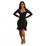 Black Long Sleeve V-Neck Sequin Bodycon Feather Sexy Mini Dress