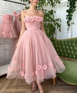 Pink Off-Shoulder Mesh Flowers Fashion Skirt