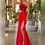 Red Sleeveless Off-Shoulder Fashion Slit Bodycon Maxi Dress