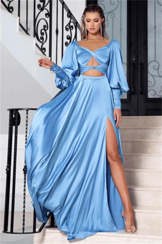 Blue Long Sleeve Low-Cut Hollow-out Fashion Women Maxi Dress