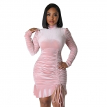 Pink Long Sleeve Velvet Bodycon Pleated Women Bandage Mini Dress