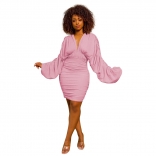 Pink Ruffle Long Sleeve V-Neck Fashion Women Pleated Mini Dress