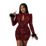Red Feather Long Sleeve Deep V-Neck Sequin Bodycon Sexy Mini Dress