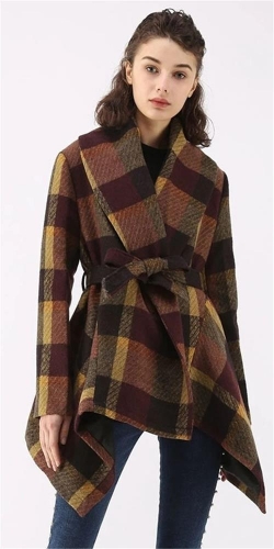 Coffee Long Sleeve Woolen Gird Women Fashion Sweater Coat