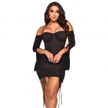 Black Off-Shoulder Long Sleeve Slim Bandage Sexy Mini Dress
