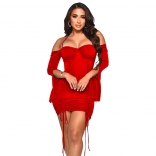 Red Off-Shoulder Long Sleeve Slim Bandage Sexy Mini Dress