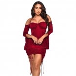 WineRed Off-Shoulder Long Sleeve Slim Bandage Sexy Mini Dress